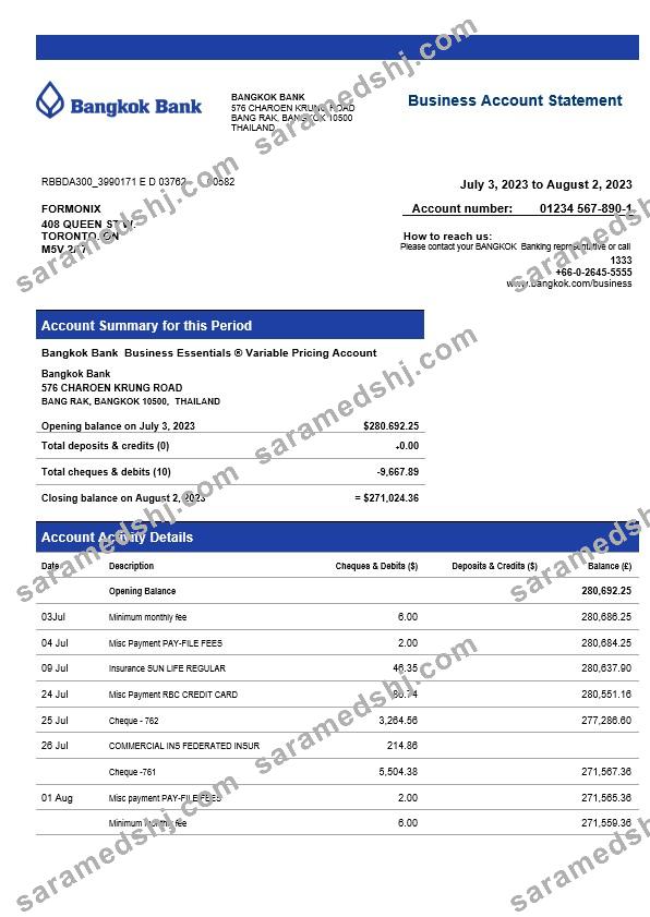 Bangkok Bank corporate checking account statement Word and PDF template